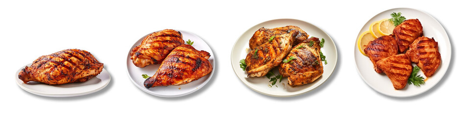 set of grilled chicken dishes on transparent background, generative ai