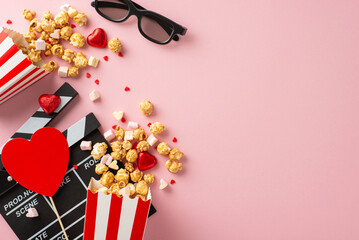 Valentine's movie magic. Top view shot showcasing clapper, 3D specs, popcorn boxes, heart-shaped...