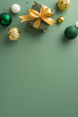 Upscale Yuletide setting. Overhead vertical capture of gift wrapped with ribbon, luxurious baubles, gold sequins arranged on mint green backdrop, leaving space for personalized wishes or adverts