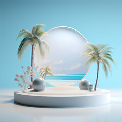 Fototapeta premium Beautiful 3D background frame between palm trees. Mockup, template to present your product