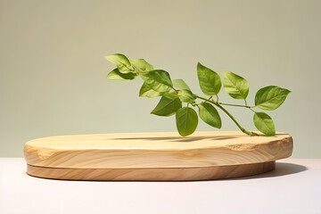 Beautiful 3D background wooden stand with leaves
. Mockup, template to present your product