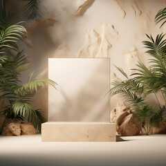Beautiful 3D background white leaf on a background of palm leaves and stones. Mockup, template to present your product