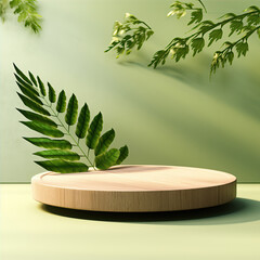 Beautiful 3D background wooden stand with leaves
. Mockup, template to present your product