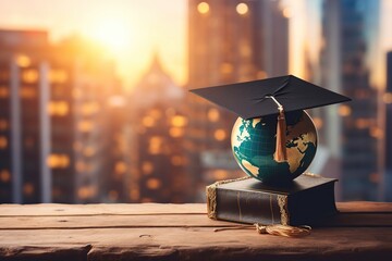 Graduation cap with earth globe, concept of global business study, Generative AI - obrazy, fototapety, plakaty