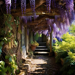 A garden pathway with overhanging wisteria