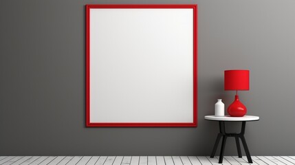 3D mockup scene where a blank frame with podiums, Wooden Picture Frame Portrait White, hangs on a display room with a unique style incorporating red, black, and silver colors. 