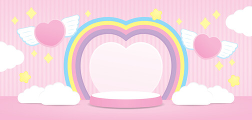 cute kawaii heart shape rainbow arch backdrop with pink podium display and flying heart on sweet pastel pink floor and wall background with cloud and star 3d illustration vector for putting object