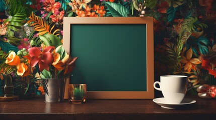 Picture a 3D Mockup poster empty Blank Frame suspended against a background of coffee beans, overlooking a room designed with an eclectic mix of styles and vibrant colors 8k.