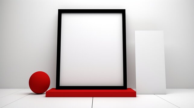  3D Mockup poster empty Blank Frame, Wooden Picture Frame Portrait White, against a backdrop of modern aesthetics with red, black, and silver tones. 8k.