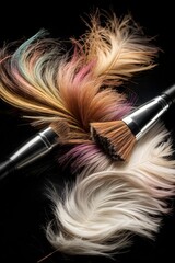 Close-up of various makeup brushes on a black background. Makeup, beauty, accessories concepts.