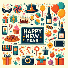 Bundle of happy new year party 2024 flat vector stickers, illustrations, party joyful elements