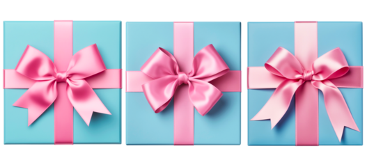 blue gift box with pink ribbon on a transparent background and a top view
