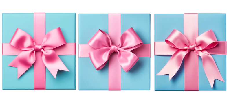 blue gift box with pink ribbon on a transparent background and a top view