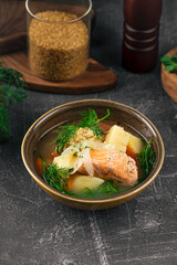 Bowl of appetizing salmon soup with vegetables