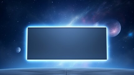 3D Mockup poster empty Blank Frame, hanging on a cosmic nebula wall, above a space-age futuristic display room