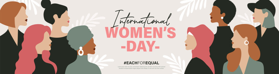 March 8, International Women's Day. Vector illustration group of women in flat style design. - obrazy, fototapety, plakaty