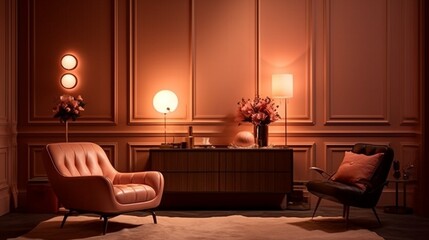 Subtle peach-toned wall, elegantly textured, in the glow of ambient lighting.