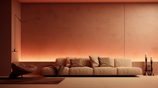 Subtle peach-toned wall, elegantly textured, in the glow of ambient lighting. - Powered by Adobe