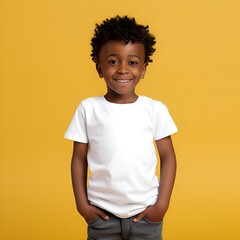 Handsome African American smiling young boy wearing in white mockup t-shirt on yellow studio background