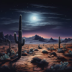 A moonlit desert landscape with a lone cactus. - obrazy, fototapety, plakaty