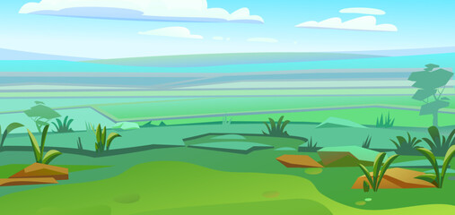 Fototapeta na wymiar Foggy summer distance. Scenery Landscape. Fun cartoon style. Vector