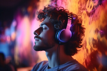 A man enjoying listening to music with headphones on, neon lights, energetic atmosphere