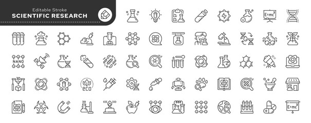 Set of line icons in linear style. Series - Scientific research and science. Laboratory. Chemical experience and experiment. Molecula and atom. Outline icon collection. Conceptual pictogram and infogr - obrazy, fototapety, plakaty