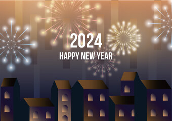 Happy New Year 2024 with Fireworks and Cityscape Vector - obrazy, fototapety, plakaty