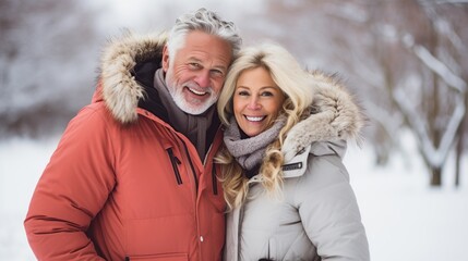 Happy mature couple in winter during snow wearing winter clothes, Generative AI