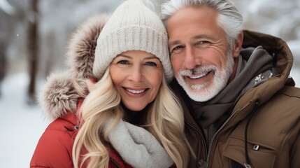 Happy mature couple in winter during snow wearing winter clothes, Generative AI