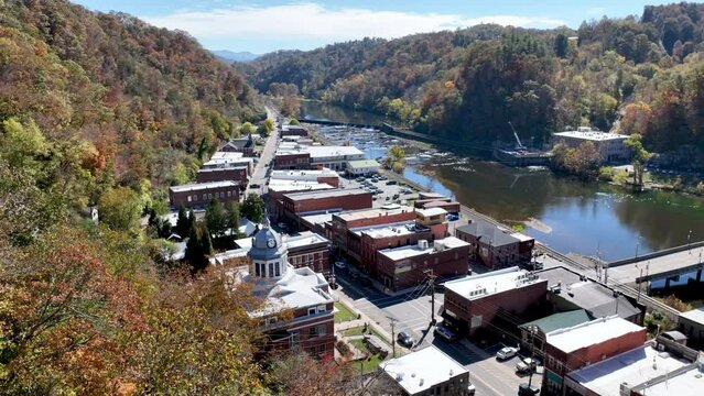 aerial overlooking Marshall NC, North Carolina
