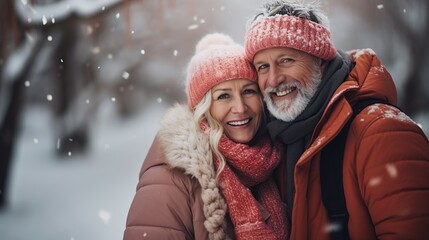 Happy mature couple in winter during snow wearing winter clothes, Generative AI