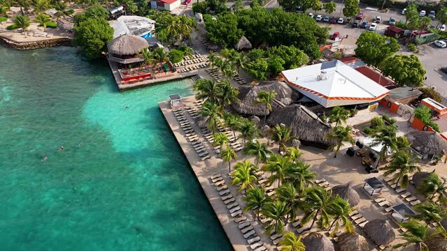 Aerial parallax around clear turquoise Caribbean waters by Jan Thiel and Zanzibar beach resorts, Curacao