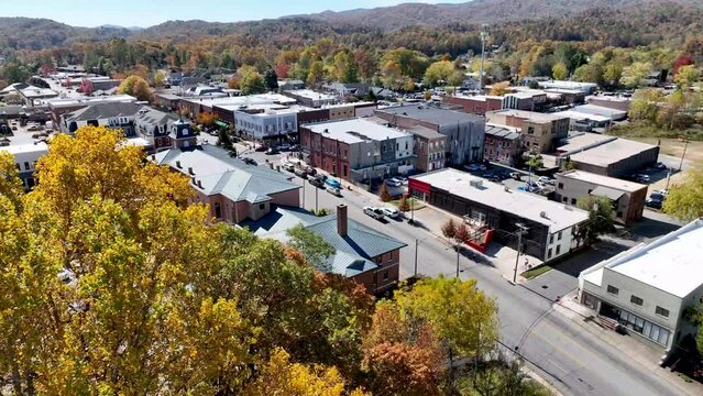 aerial over fall treetops Brevard NC, North Carolina
