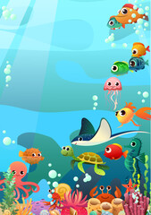underwater world of animals, fish and plants. Tropical species. Cartoon fun style Illustration vector