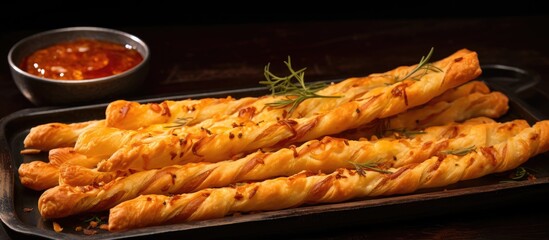 Spicy puff pastry cheese sticks on a silver tray.