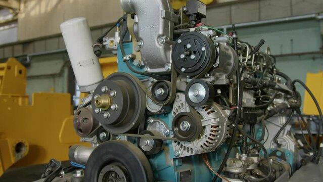No people shot of tractor explosion engine at heavy machinery production plant