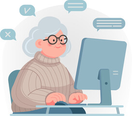 Elderly woman working on computers. Vector illustration