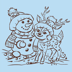 Snowman and reindeer vector for card decoration illustration