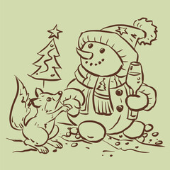 Snowman with a Christmas tree vector for card decoration illustration