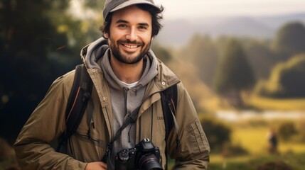 Portrait of a creative photographer smiling, with a camera and a picturesque outdoor setting in the background - obrazy, fototapety, plakaty