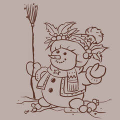 Snowman with broom vector for card decoration illustration