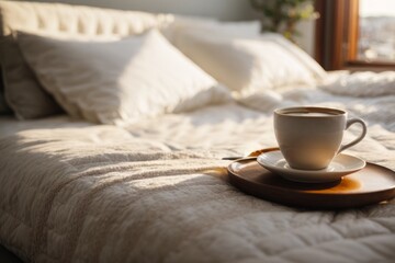 Fototapeta na wymiar A cup of coffee on a beautiful white bed in the morning.