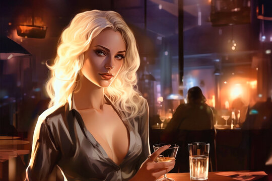 A smiling woman sits at a bar with a glass of cocktail at the bar counter. Blurred background. Relax with a glass of alcohol.