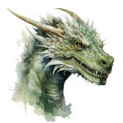 Watercolor green dragon head isolated on white background | AI-generated