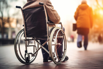 Obraz premium An elderly person with disabilities in a wheelchair in an autumn park. Old age. Walking in a wheelchair in the park.