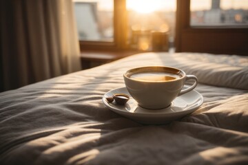 Beautiful background with a cup of coffee on a white bed in the morning sun.