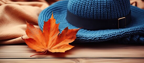 Cozy retro-style sweaters in orange and blue with a fall maple leaf and a stylish beige hat.
