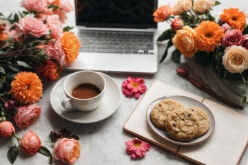 Beautiful background with coffee, cookies, flowers and laptop in the morning.