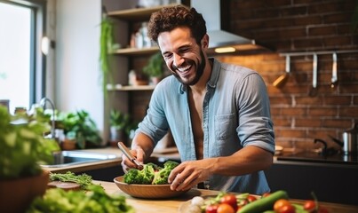 A man in a kitchen cutting vegetables on a cutting board - obrazy, fototapety, plakaty